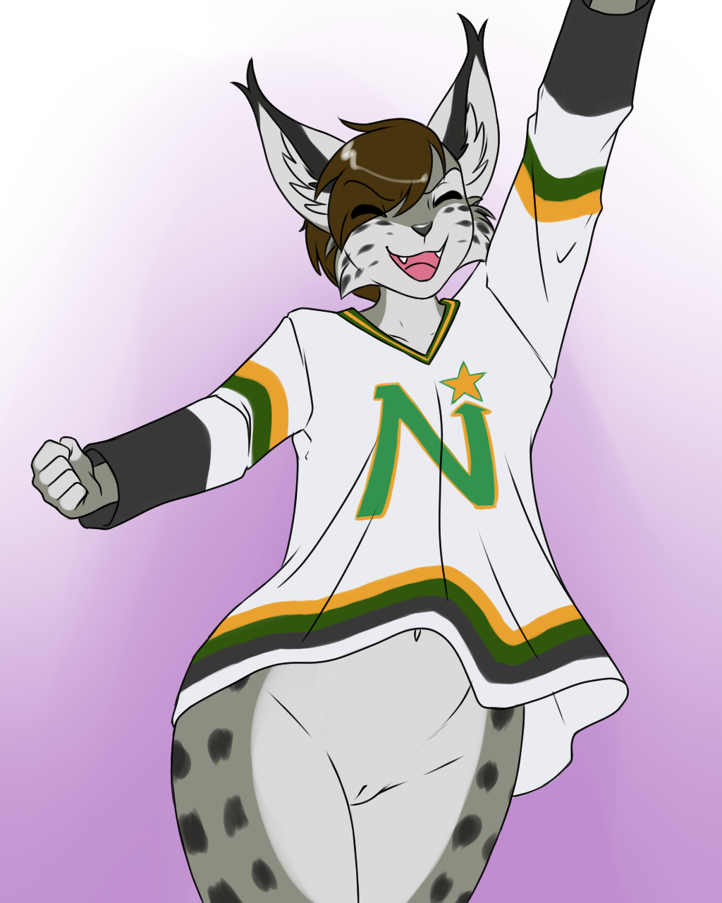 anthro bobcat bottomless cheering clothed clothing cuntboy domestic_cat felid feline felis furball furry genitals gucciboi hi_res intersex jersey lynx mammal nhl niilo north_stars pussy