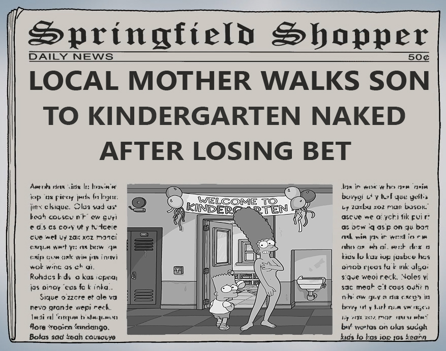 20th_century_fox 20th_century_studios bart_simpson beehive_hairdo black_and_white_background classroom humiliation kindergarten lost_bet marge_simpson matt_groening_(style) mother mother_and_son newspaper public_exposure public_humiliation public_indecency public_nudity school schoolboy son the_simpsons