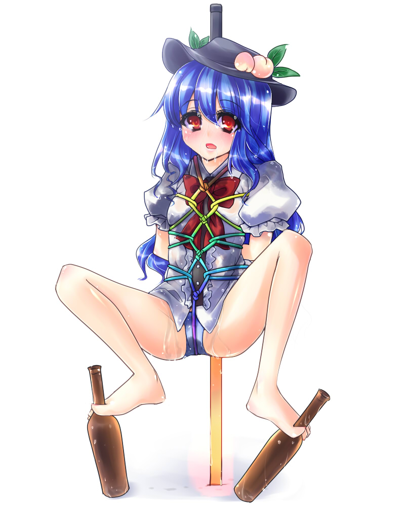 barefoot bdsm between_toes blue_hair blue_panties bondage crotch_rope feet hat long_hair mizu_akane panties peach_(fruit) shibari suisen_(aqua_rubia) sword_of_hisou tenshi_hinanawi touhou wet