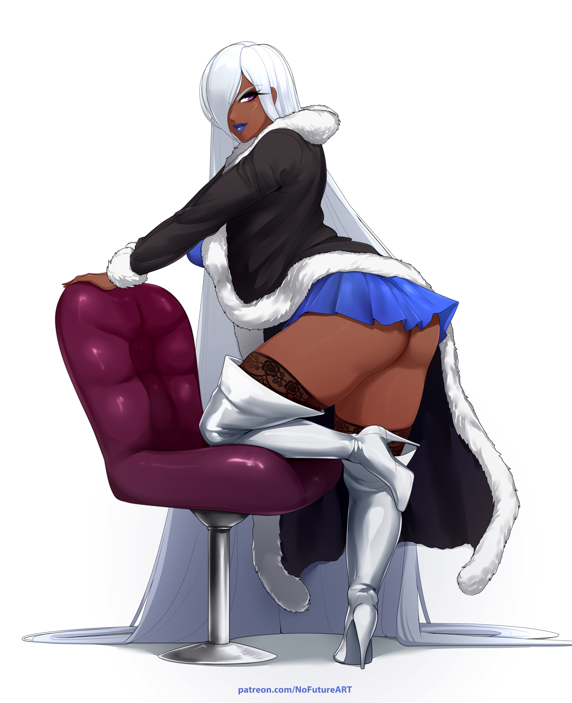 1girls, ass, blue lipstick, chair, dark skin, dark-skinned female, dress, female, female only, gyaru, hi res, high heel boots, long hair, looking at viewer, looking back, looking back at viewer, miniskirt, nofuture, original, original character, pink eyes, short skirt, simple background, skirt, smiling, smiling at viewer, solo, stockings, thick thighs, very long hair, white background, white hair