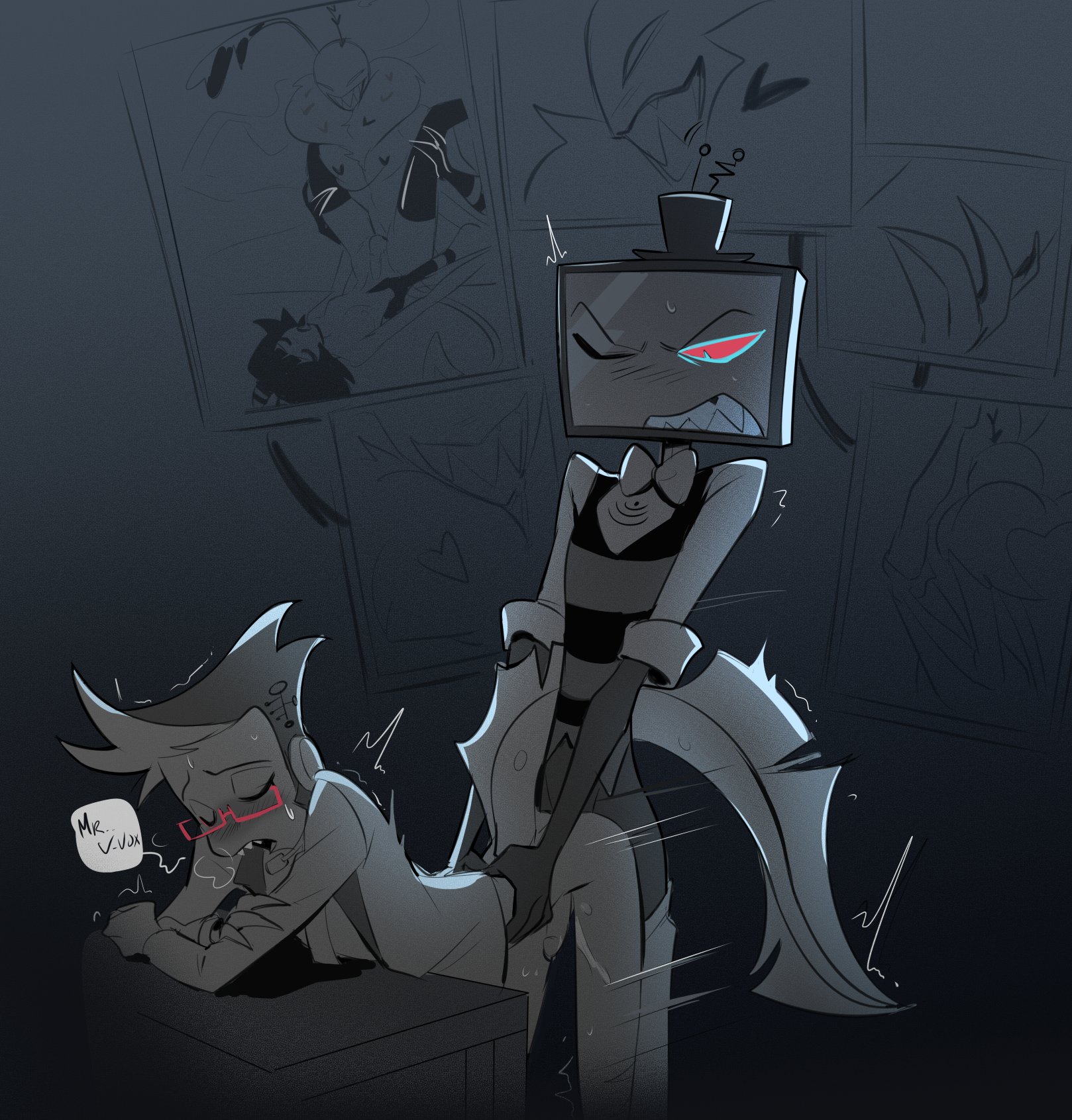 2boys, anal sex, angry, background sex, blush, eel, english, english text, ethan (hazbin hotel), frustrated, gay, gay sex, hazbin hotel, heavy breathing, hellaverse, male, male only, motion lines, multiple angles, oboroboroo, partially clothed, penis, spying, tail, trembling, tv, twink, valentino (hazbin hotel), vox (hazbin hotel), vox's assistant (hazbin hotel), yaoi