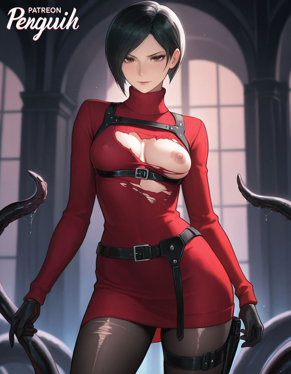 ada_wong ai_generated asian_female black_hair breasts_out brown_eyes capcom dress erect_nipples hard_nipples looking_at_viewer mature_female medium_breasts nipples pantyhose patreon_username penguih red_sweater resident_evil resident_evil_4 resident_evil_4_remake ripped_clothing short_hair smile standing stripes sweater sweater_dress tentacle torn_clothes torn_pantyhose