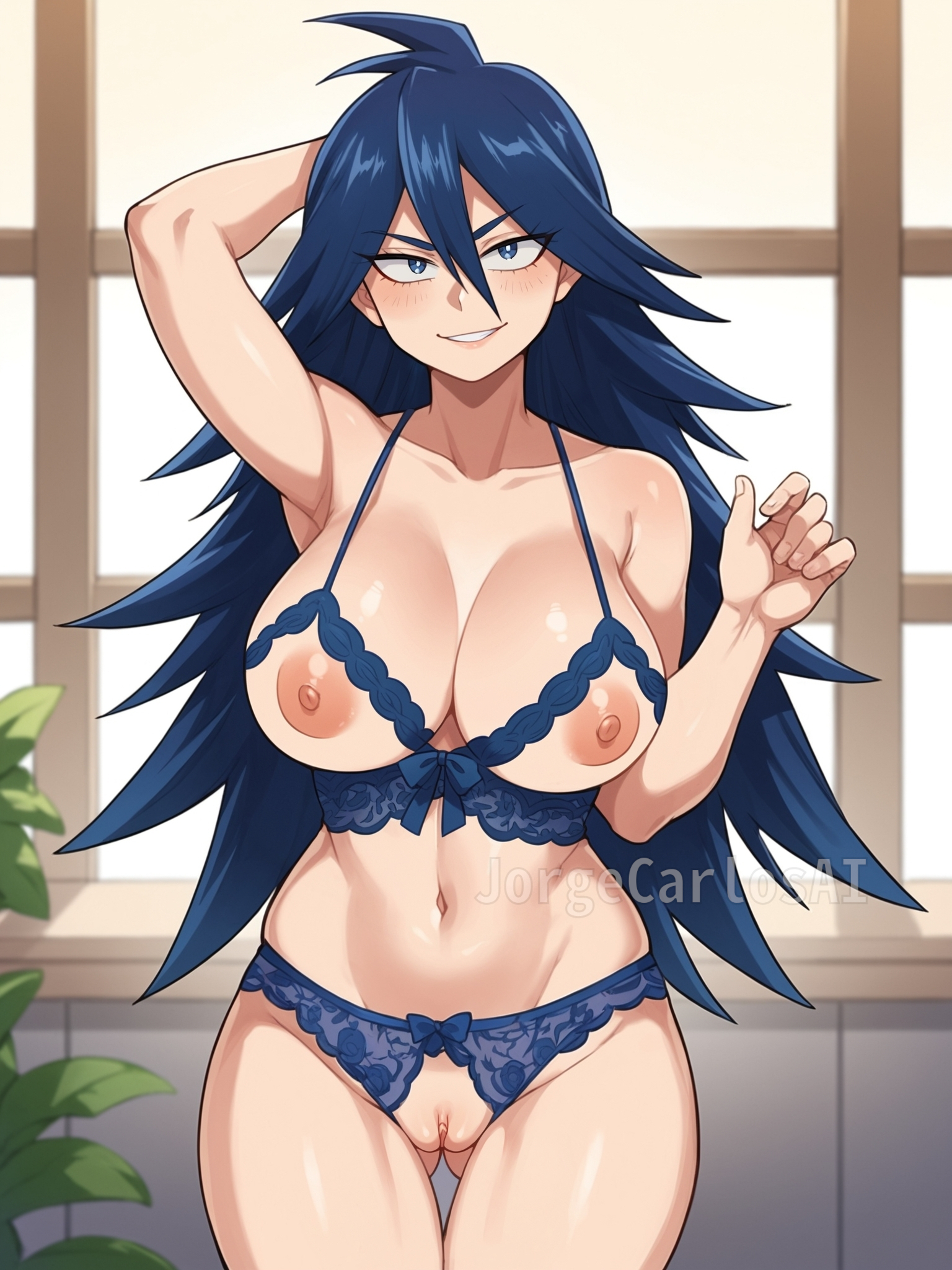 ai generated, arm up, big breasts, blue eyes, blue hair, boku no hero academia, breasts, busty, cleavage, crotchless panties, female, female focus, female only, jorgecarlosai, lingerie, long hair, looking at viewer, mature, mature female, midnight (my hero academia), my hero academia, my hero academia the movie: world heroes’ mission, my hero academia: heroes: rising, my hero academia: two heroes, navel, nemuri kayama, nipples, pussy, see-through, see-through bra, see-through panties, smile, solo, spiked hair, standing, tagme, thigh gap, toned