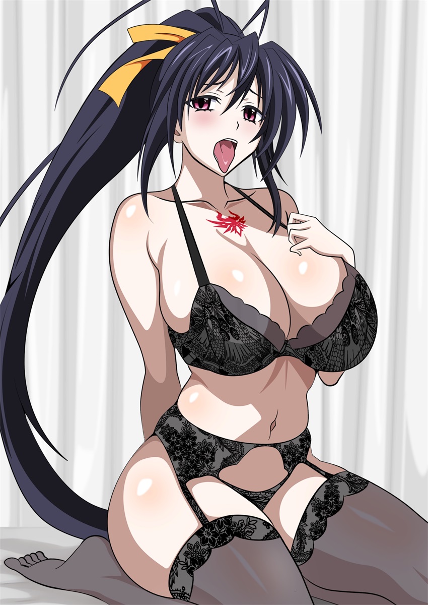 akeno_himejima big_breasts bra cleavage female high_school_dxd lace_trim lingerie on_knees panties pin_up solo stockings underwear yxyyxy