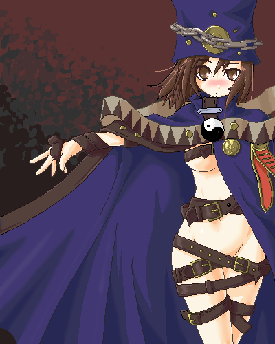 belt belts boogiepop boogiepop_(character) boogiepop_phantom brown_eyes brown_hair cape chains cloak hat miyashita_touka partially_clothed partially_naked partially_nude partially_nude_female straps tagme yin_yang