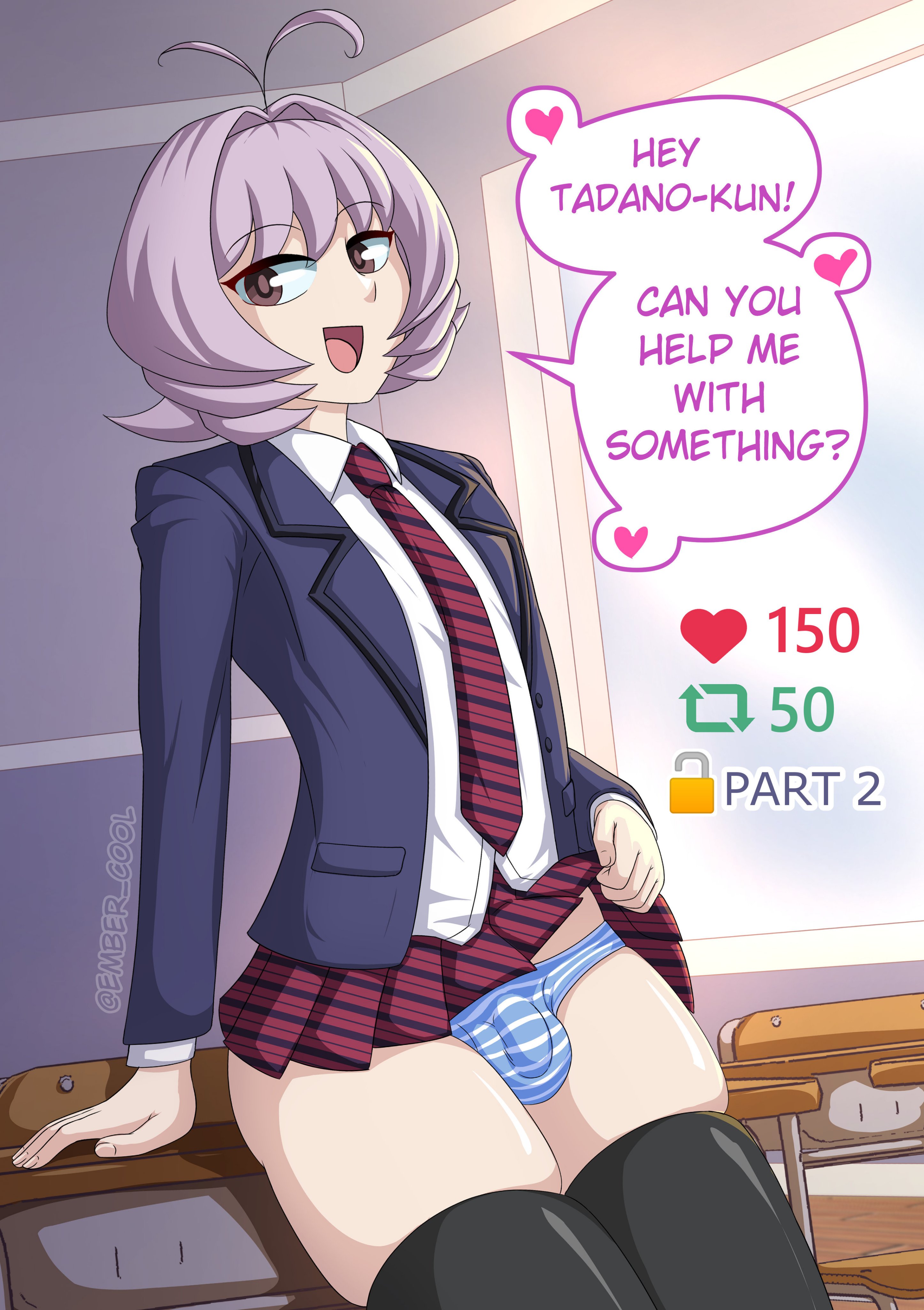 1boy, ahoge, bulge, dialogue, ember cool, female, femboy, homies, human, human only, komi-san wa komyushou desu, light skin, light-skinned femboy, light-skinned male, male, osana najimi, panties, school uniform, schoolgirl, schoolgirl uniform, solo focus, solo male, tadano hitohito, text, thighhighs