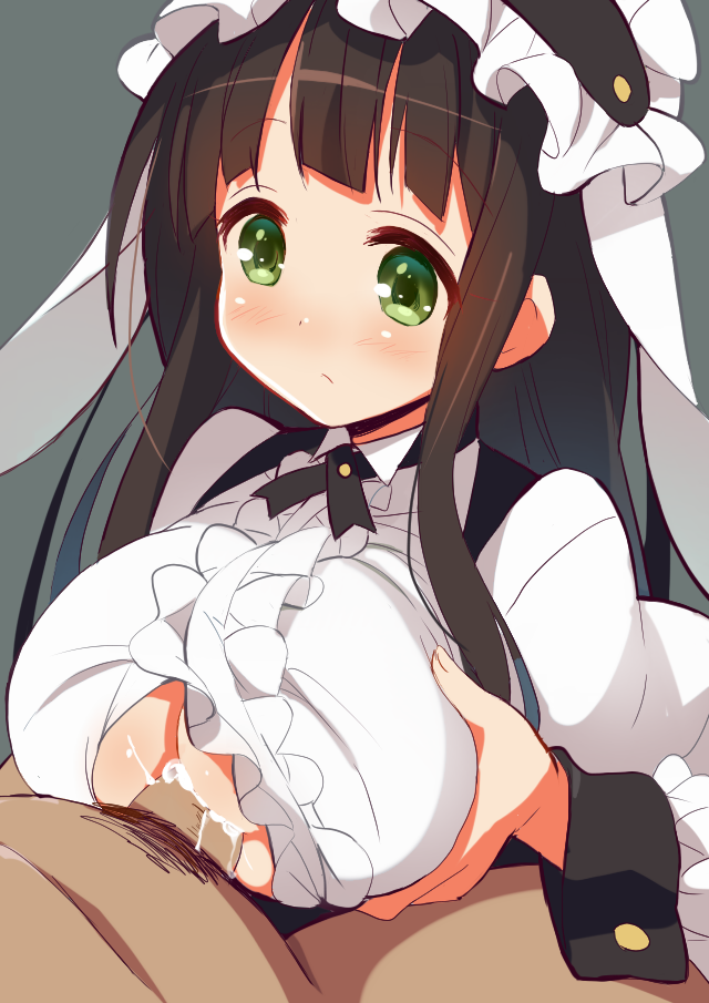 9law black_hair blush breasts chiya_ujimatsu cosplay female green_eyes human is_the_order_a_rabbit? large_breasts long_hair maid male male_pubic_hair paizuri paizuri_under_clothes penis pubic_hair sharo_kirima sharo_kirima_(cosplay) straight ujimatsu_chiya uncensored waitress wrist_cuffs