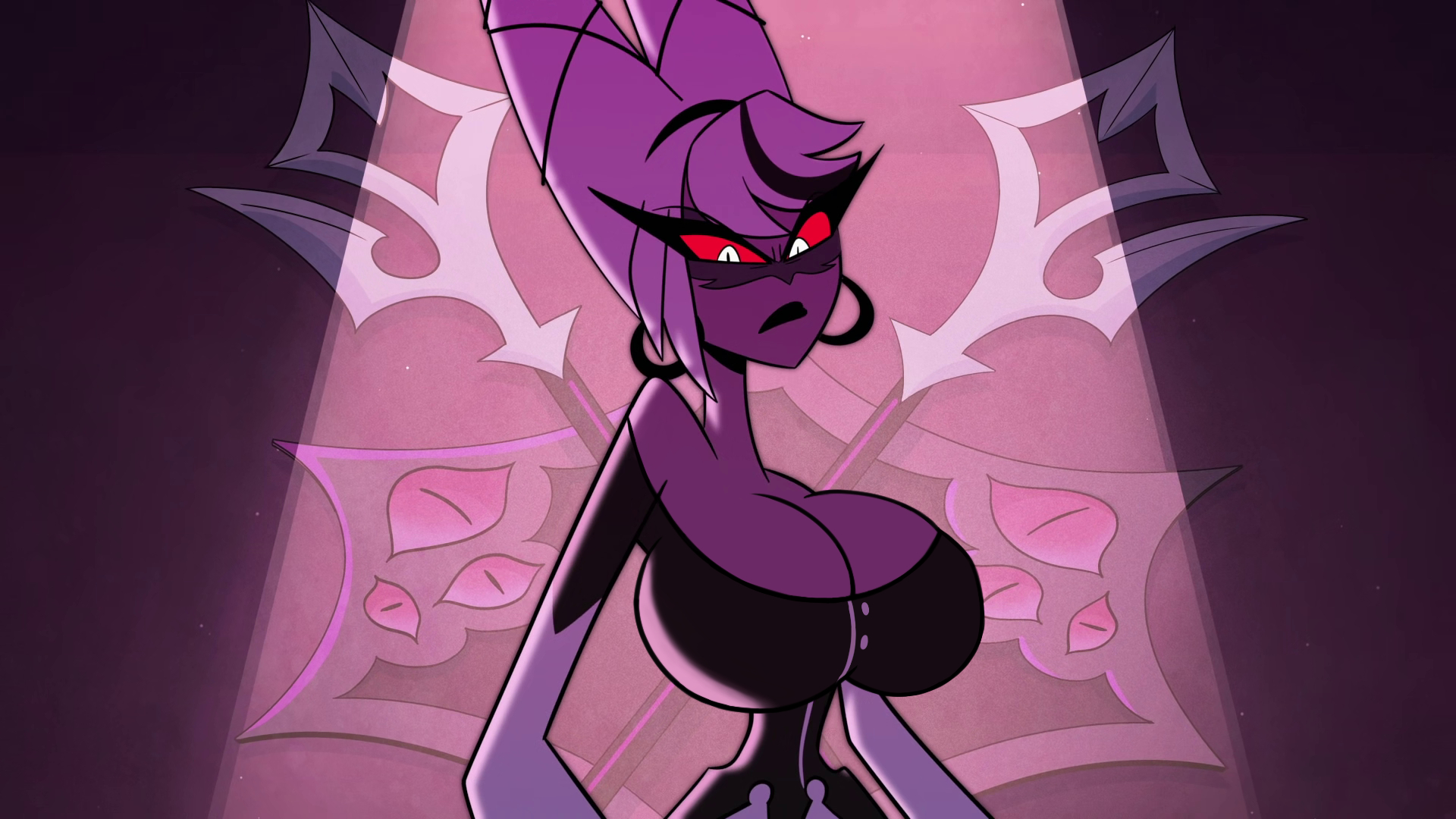 big breasts, braided hair, breasts, carmilla carmine, clothed, earrings, edit, female, hazbin hotel, huge breasts, red eyes, screenshot edit, solo, solo female, white hair