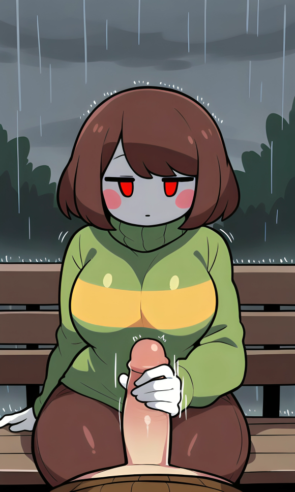 5_fingers aged_up ai_generated bench blush_stickers bob_cut brown_hair brown_pants brown_sweater busty chara chara_(undertale) cloudy_sky curvy dark female green_sweater handjob jerkingoff_another long_penis motion_lines neutral_expression outdoors pale_skin pixai pov rain raining red_eyes shoulder_length_hair sitting sitting_on_bench slim_waist striped_sweater turtleneck undertale undertale_(series)