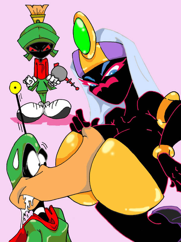 1girls 2boys angry_face anthro blue_eyes crown daffy_duck drooling duck duck_dodgers face_in_breasts female golden_bikini_top humanoid jewelry kskillz looking_at_breasts looney_tunes male martian_(duck_dodgers) marvin_the_martian no_visible_genitalia purple_skirt queen_tyr'ahnee see-through_skirt warner_brothers white_hair