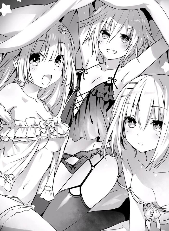 bare_shoulders bed belly_button big_breasts black_and_white black_lingerie breasts date_a_live garter_belt garter_straps hair_ornament honjou_nia izayoi_miku lingerie long_hair novel_illustration official_art open_mouth panties short_hair shoulder_pads small_breasts smile thighhighs thighs tobiichi_origami tsunako white_lingerie