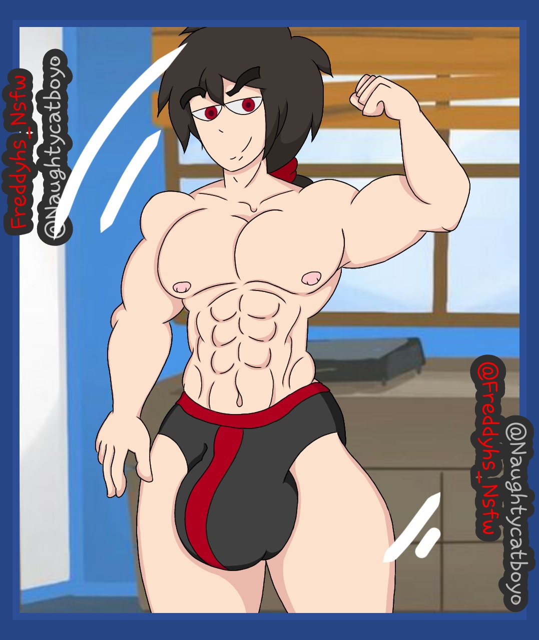 bad_anatomy bara black_hair boxer_briefs boxers boxers_(clothing) fnafhs fnafhs_z3ro fnafhsrule34 fred_(fnafhs) freddyhsnsfw male muscles naked package toony