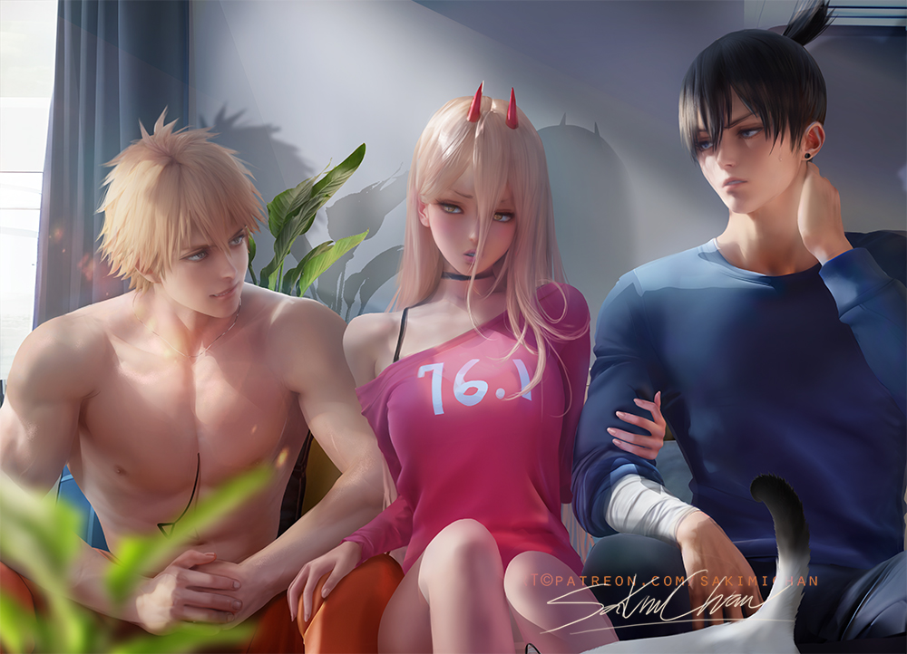 1girls, 2boys, bare legs, bare shoulder, blonde female, blonde female/blonde male, blonde hair, breasts, chainsaw man, denji (chainsaw man), female, friends, friends with benefits, hand on leg, hayakawa aki, male, medium breasts, oni horns, power (chainsaw man), red horns, roommates, sakimichan, sandwiched, sfw, shirtless, tagme, threesome, yellow eyes