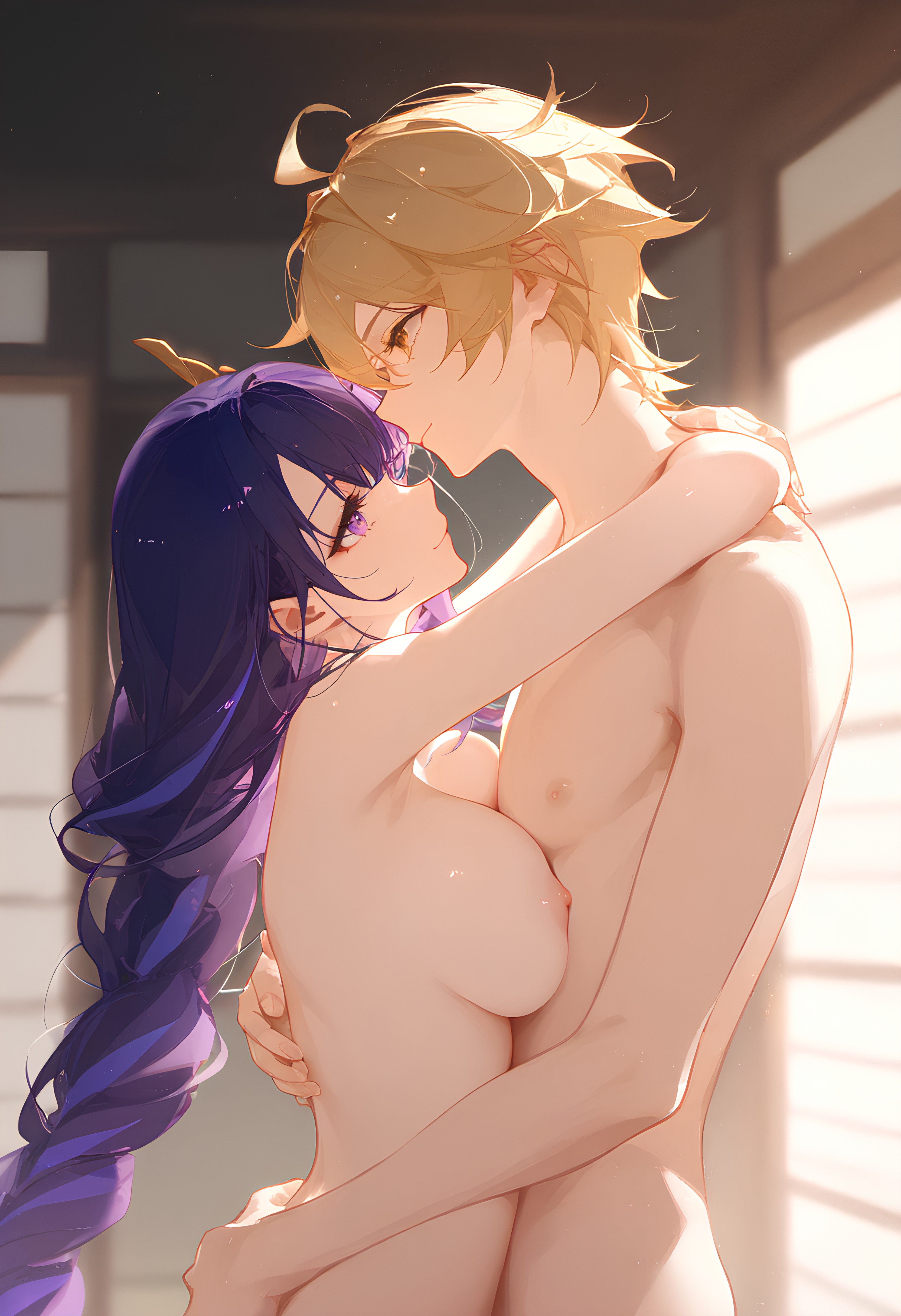 1boy, 1girls, aether (genshin impact), ai generated, female, genshin impact, long hair, male, mihoyo, naked, pleasure face, raiden shogun, sex, straight, taller female, unknown artist