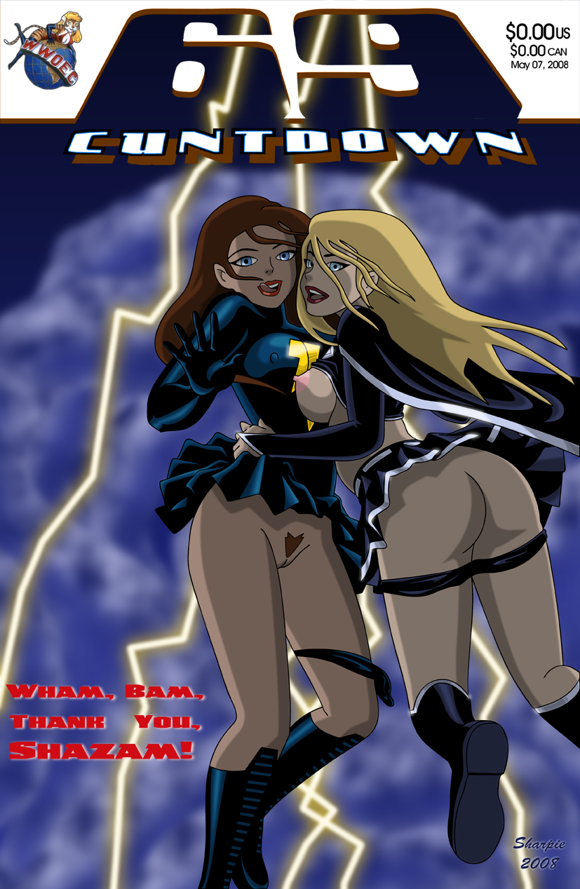 2008 2girls areola ass black_mary blonde_hair blue_eyes breasts brown_hair dc_comics dcau female final_crisis licking_lips long_hair mary_batson mary_marvel microskirt multiple_girls nipples pubic_hair sharpie_(artist) shazam_(series) supergirl supergirl_(dark) superman:_the_animated_series superman_(series) voluptuous wwoec yuri