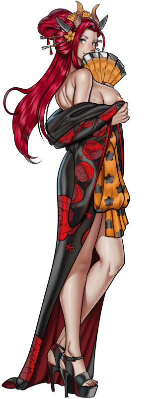 artist_request beast_pirates big_breasts black_maria cigarette_holder cleavage crimson_danielle_(hentai_heroes) female female_only hentai_heroes hentai_heroes_character high_heels horn horns kimono large_breasts nihongami nipples oiran one_piece platform_heels red_hair wano_country