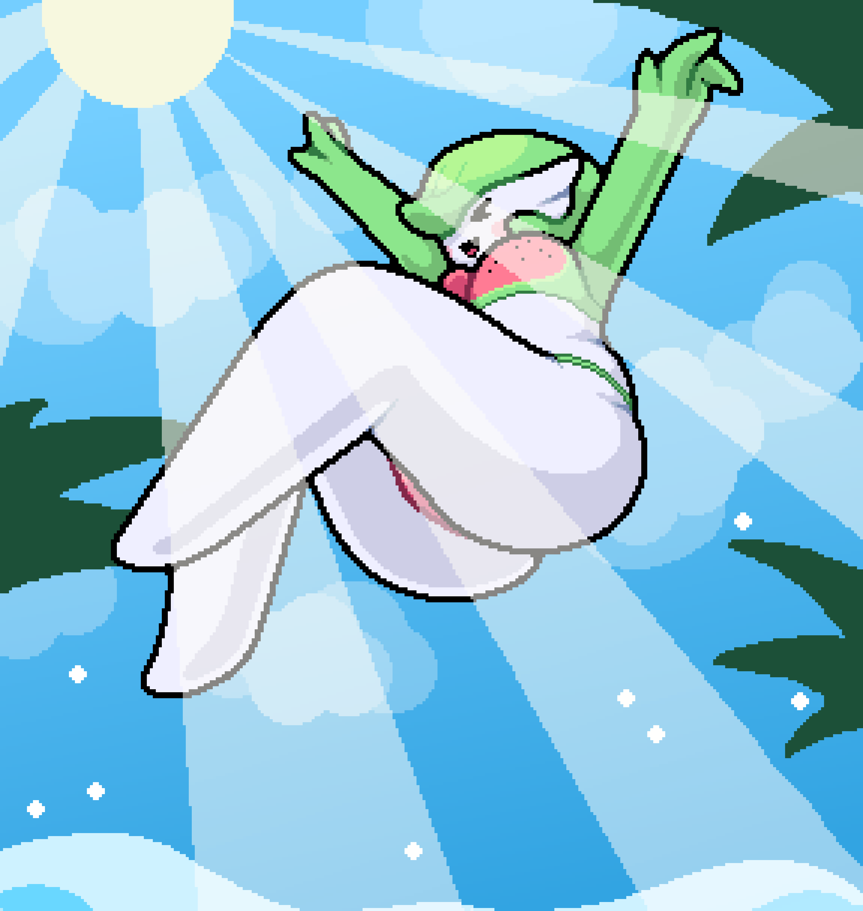 big_ass bikini gardevoir happy huge_ass okami_tomato palm_tree pixel_art pokemon pokemon_(species) sunbeam water worm's-eye_view