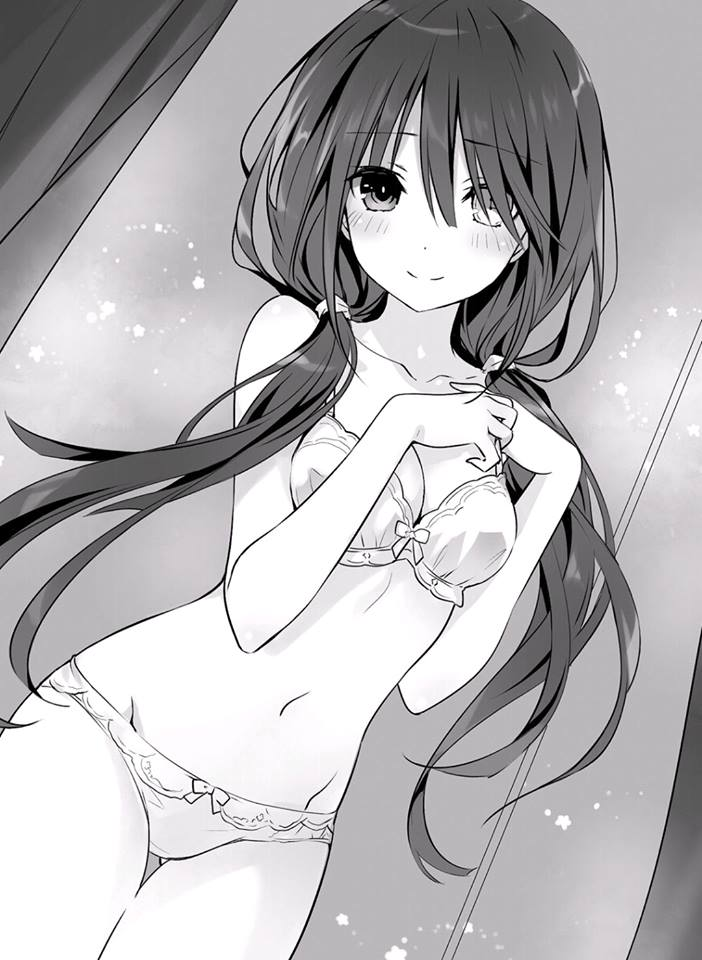 bare_arms bare_belly bare_legs bare_shoulders bare_thighs belly_button black_and_white black_hair bra date_a_live heterochromia lingerie long_hair novel_illustration official_art panties thighs tokisaki_kurumi tsunako underwear white_bra white_lingerie white_panties white_underwear