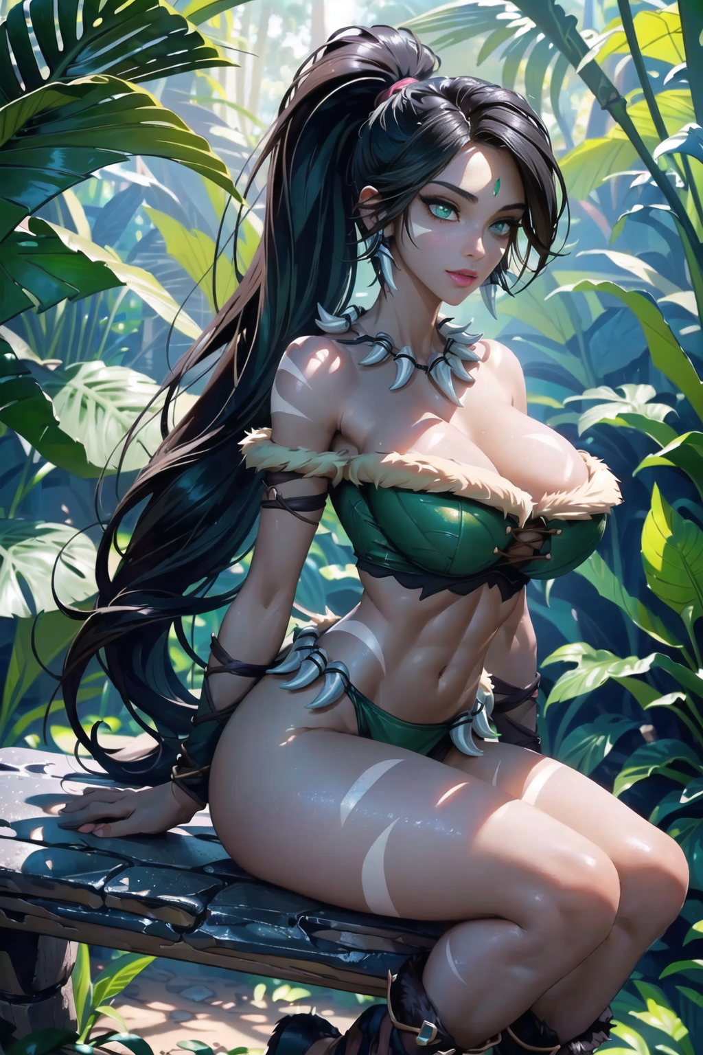 1girl 1girls abs ai_generated big_breasts black_hair black_hair_female breast_focus chest_focus ear_piercing ear_piercings ear_rings earrings female female_abs forehead_gem forehead_jewel forest forest_background gem_on_forehead green_eyes green_eyes_female jewel_on_forehead jungle jungle_background large_breasts league_of_legends long_hair long_hair_female nidalee ponytail ponytail_female riot_games silence_ai_art sitting sitting_down skimpy skimpy_clothes skimpy_costume skimpy_outfit skimpy_panties skimpy_underwear tooth_necklace tribal_markings tribal_tattoo tribal_tattoos