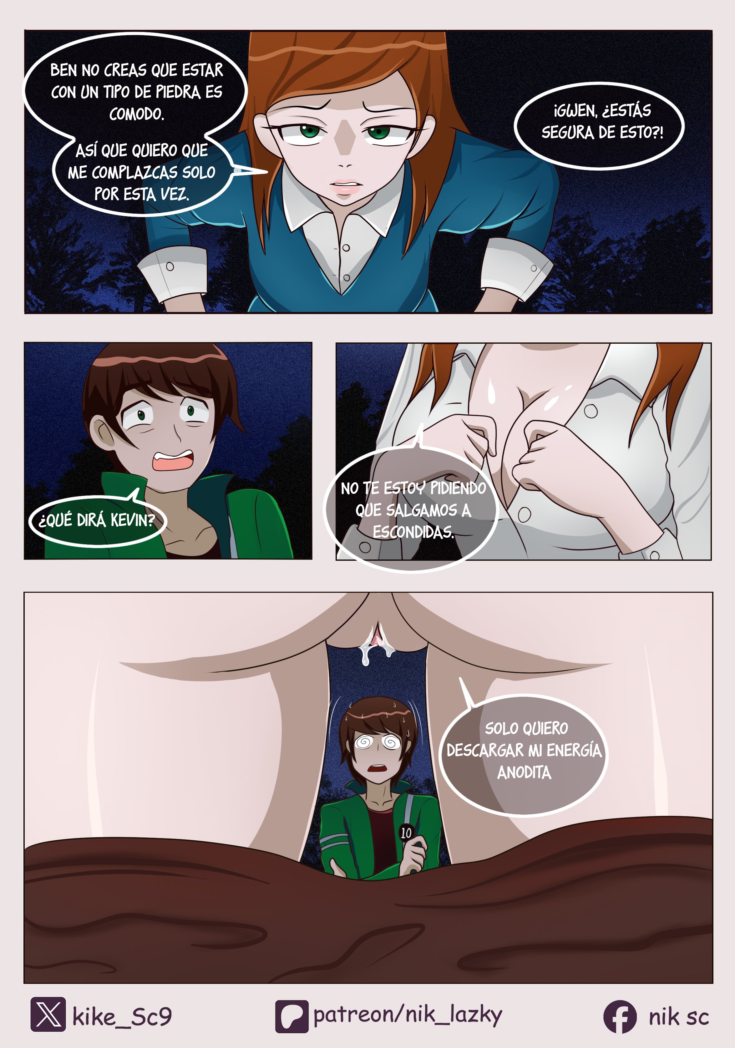1boy, 1girls, back view, ben 10, ben 10 alien force, ben tennyson, ben tennyson (alien force), brown hair, cheating, cheating girlfriend, clothed, comic, comic page, cousins, crossed arms, female, green eyes, gwen tennyson, gwen tennyson (alien force), imminent incest, imminent sex, incest, kike sc9, long hair, male, pants down, partially clothed, pussy, pussy juice, spanish text, spiral eyes, undressing