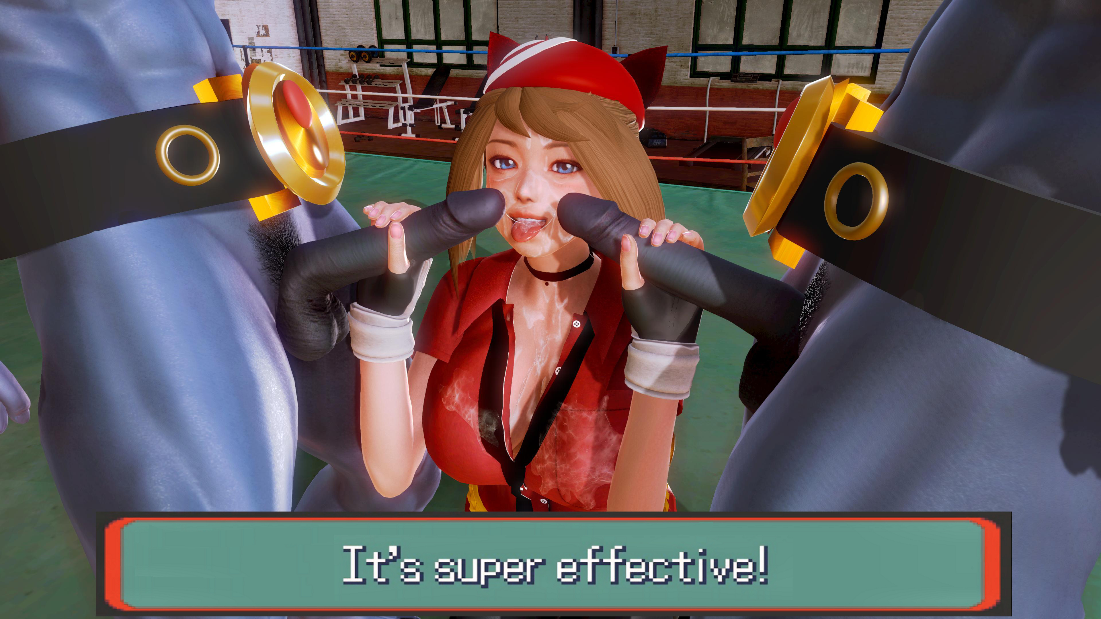 1girls, 2boys, 3d, belt, breasts, cleavage, clothed, female, fingerless gloves, gameplay mechanics, gloved handjob, gloves, hand on penis, handjob, handjob with gloves, holding penis, hud, huge breasts, huge penis, human, machamp, male, may (pokemon rs), may (pokemon), nude, penis, pokemon, pokemon (species), pokemon battle, pokemon rse, pokephilia, pubic hair, text, touching penis, witchanon