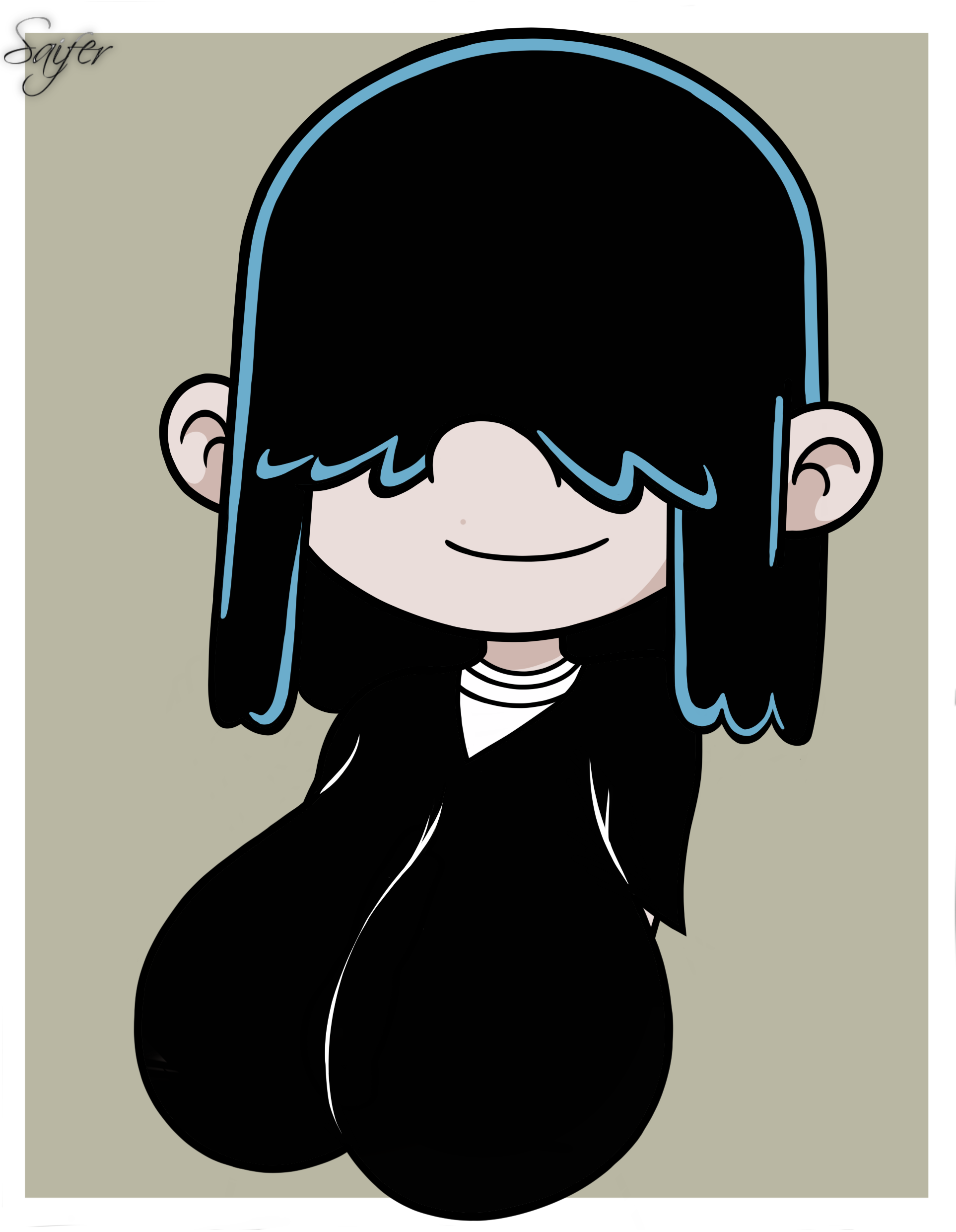 1girls, black hair, breasts, clothing, female, female only, grey skin, large breasts, lucy loud, medium hair, saifernsfw, smile, solo, straight hair, the loud house