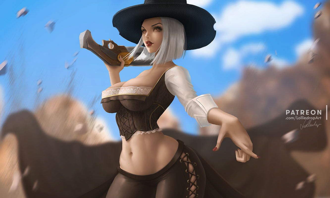 2d, ashe (overwatch), big breasts, blizzard entertainment, breasts, cleavage, female, female only, large breasts, lolliedrop, looking at viewer, overwatch, solo