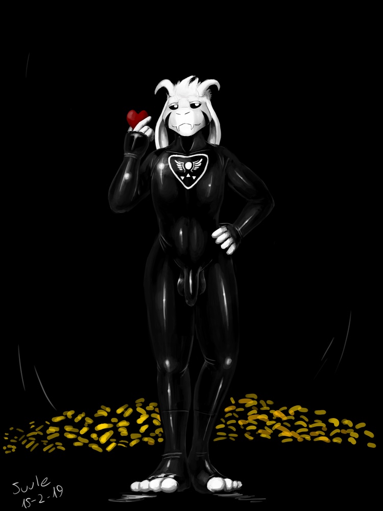 1boy 2d anthro anthro_male anthro_only asriel_dreemurr black_sclera bodysuit caprine clothing flower furry furry_male furry_only heart horn humanoid humanoid_male humanoid_only male male_only mammal mammal_humanoid penis plant rubber solo suule tight_clothing undertale undertale_(series) video_games