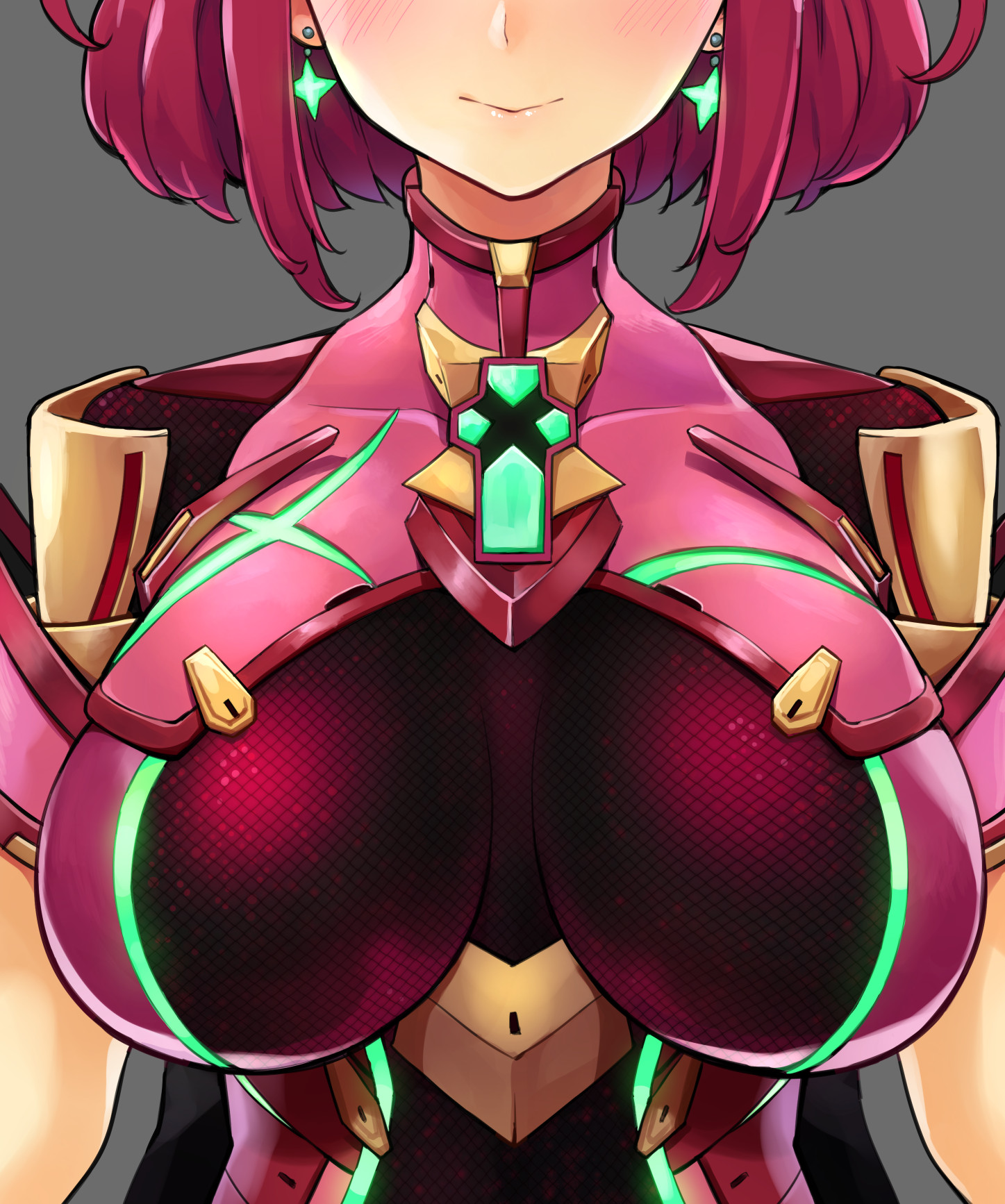 1girls, armor, blush, bodysuit, breasts, breasts apart, collarbone, earrings, ereraero, female, grey background, head out of frame, highres, impossible bodysuit, impossible clothes, jewelry, large breasts, lips, nintendo, pyra, red bodysuit, red hair, short hair, shoulder armor, shoulder pads, sidelocks, simple background, skin tight, smile, solo, upper body, xenoblade (series), xenoblade chronicles 2