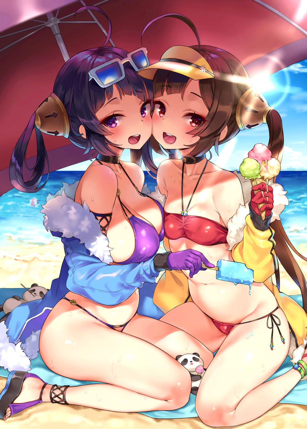 2girls :d ahoge asymmetrical_docking azur_lane bandeau bangs bare_legs bare_shoulders beach beach_mat beach_umbrella beachball bikini black_choker blue_jacket blue_sky blush breast-to-breast breast_press breasts brown_hair cheek-to-cheek choker clavicle cloud day dragon_empery_(azur_lane) duo eyebrows_visible_through_hair eyewear_on_head feet_out_of_frame female food fur-trimmed_jacket fur_trim gloves groin hair_rings halterneck hand_up high_resolution holding holding_food holding_object ice_cream jacket large_breasts legs light-skinned_female light_skin long_hair long_sleeves looking_at_viewer mirei multiple_girls navel ning_hai_(azur_lane) ning_hai_(summer_hunger)_(azur_lane) o-ring o-ring_bikini ocean off_shoulder open_clothes open_jacket open_mouth outdoors ping_hai_(azur_lane) ping_hai_(summer_vacation)_(azur_lane) popsicle purple_bikini purple_eyes purple_gloves purple_hair red_eyes red_gloves sandals side-tie_bikini sidelocks sitting sky small_breasts smile stomach stuffed_animal stuffed_panda stuffed_toy sunglasses sunglasses_on_head sweat swimsuit thighs tied_hair twintails umbrella very_long_hair visor_cap wariza yellow_jacket