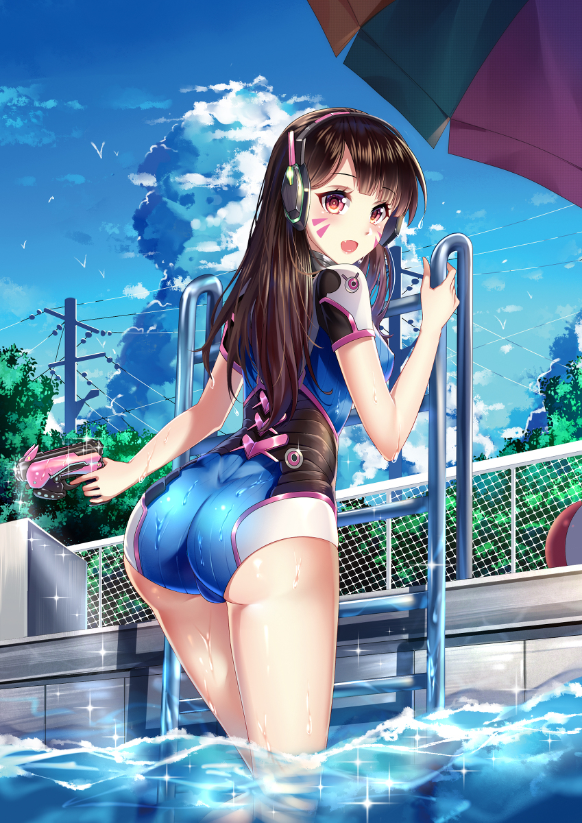 1girls ass big_ass big_butt brown_eyes brown_hair butt d.va female female_only getting_out_of_pool looking_back overwatch pool sannio solo swimming_pool water wet