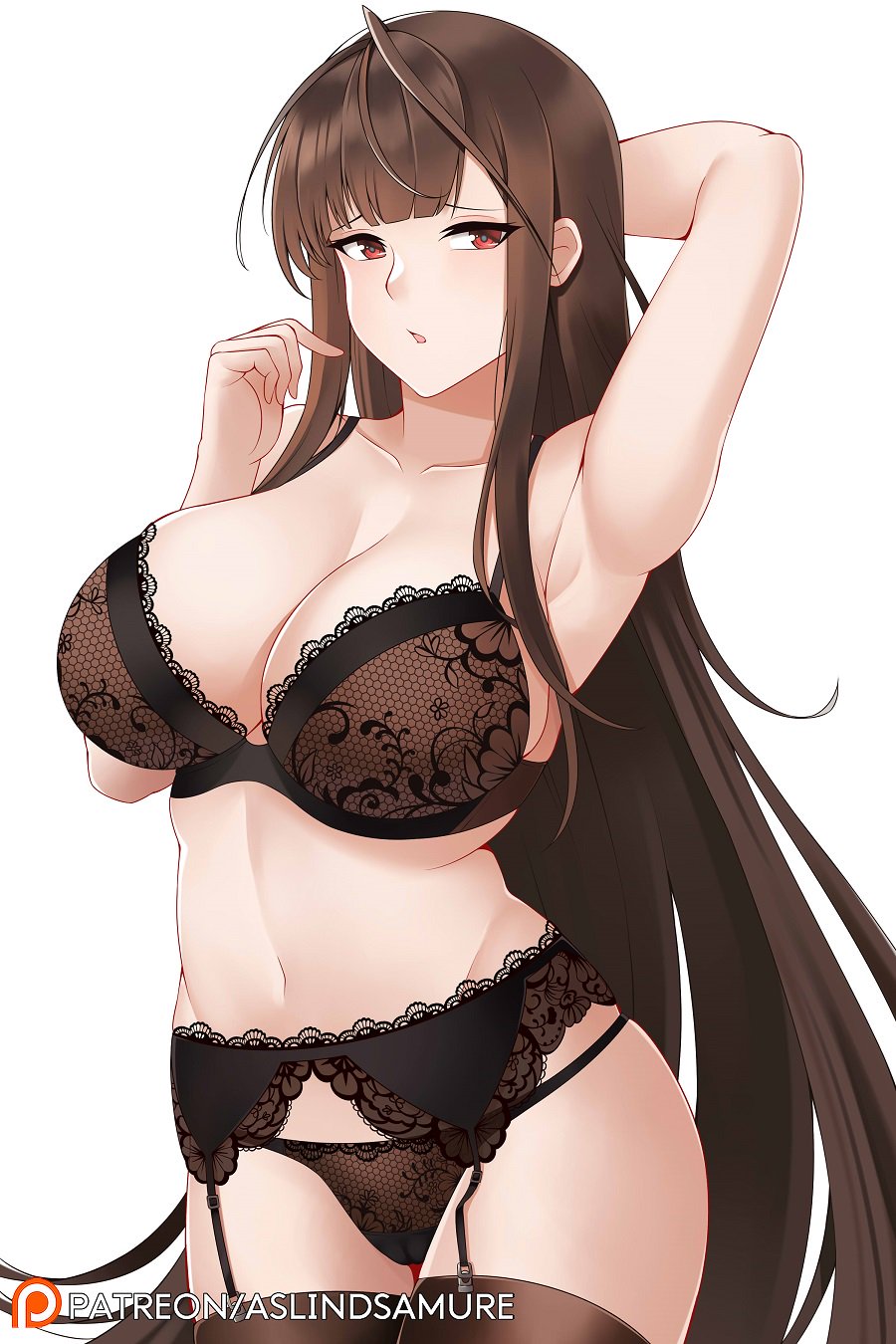 :o, 1girls, ahoge, alternate costume, armpits, bangs, bare shoulders, black bra, black legwear, black panties, blunt bangs, blush, bra, breasts, brown hair, cameltoe, cleavage, collarbone, cowboy shot, curvy, eyebrows visible through hair, female, garter straps, hair between eyes, half-closed eyes, hand up, hip focus, large breasts, lingerie, long hair, looking at viewer, navel, panties, pussy, red eyes, sidelocks, simple background, skindentation, solo, stomach, thighhighs, underwear, underwear only, very long hair, white background