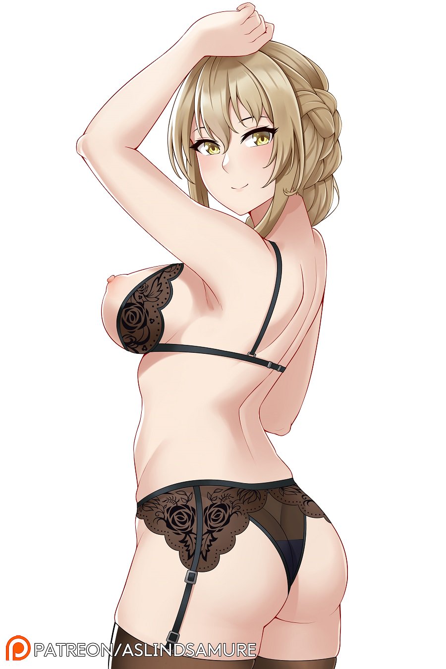 1girls, areolae, arm up, armpits, aslindsamure, ass, back, bangs, black bra, black legwear, black lingerie, black panties, blonde, blonde hair, blush, bra, braid, breasts, brown eyes, cowboy shot, female, from side, garter belt, goblin slayer, guild girl (goblin slayer), hair between eyes, highres, large breasts, lingerie, long hair, looking at viewer, looking back, nippleless bra, nippleless clothes, nipples, panties, patreon username, shoulder blades, sidelocks, simple background, single braid, skindentation, smile, solo, thighhighs, underwear, underwear only, white background