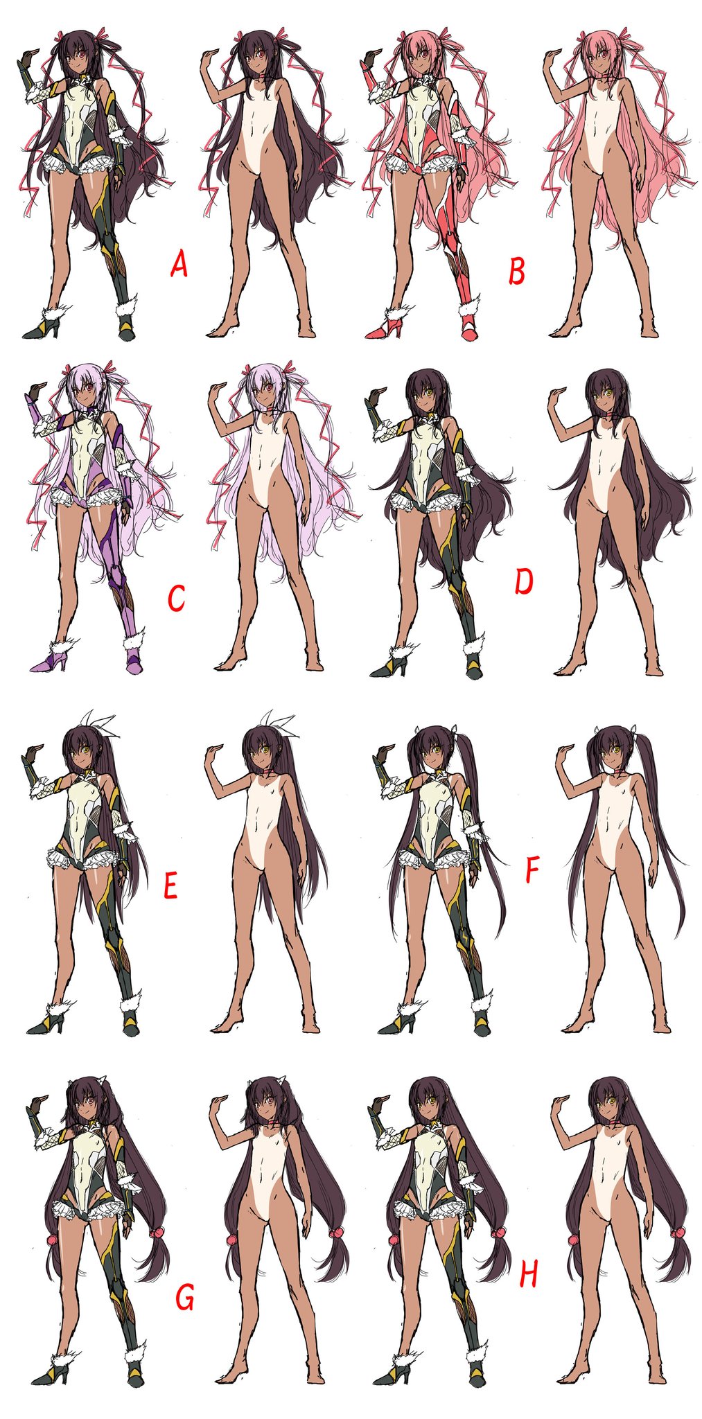 00s aoi_nagisa_(metalder) barefoot blush boots breasts brown_hair character_sheet concept_art covered_navel curvy female female full_body gauntlets gloves hair_ribbon high_heel_boots high_heels highres leotard lilith-soft long_hair looking_at_viewer mizuki_yukikaze nude one-piece_tan pink_eyes ribbon sketch small_breasts smile solo taimanin_(series) taimanin_asagi taimanin_yukikaze tan tanline thigh_boots thighhighs thighs white_background