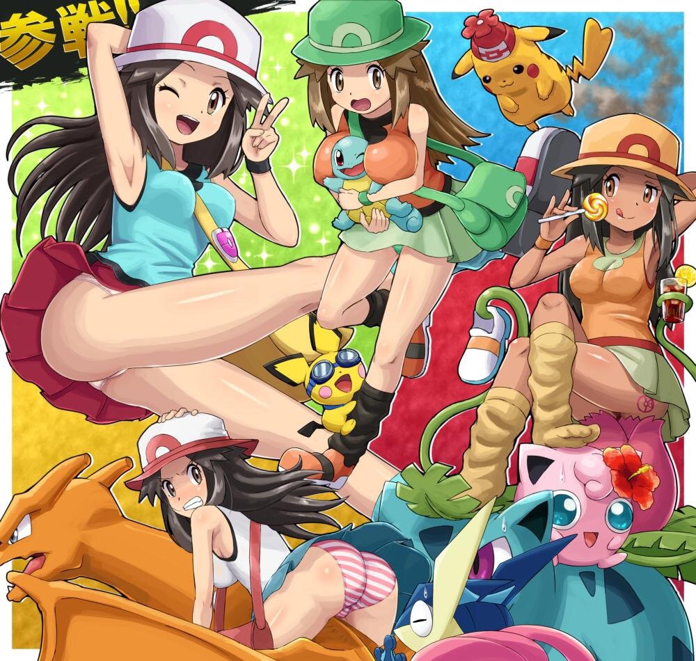 4girls, alternate color, alternate costume, breasts, charizard, female, greninja, human, human only, ivysaur, jigglypuff, leaf (pokemon), multiple females, multiple girls, nintendo, panties, pichu, pikachu, pokemoa, pokemon, pokemon (species), satchel, squirtle, strap between breasts, super smash bros., thighs, upskirt