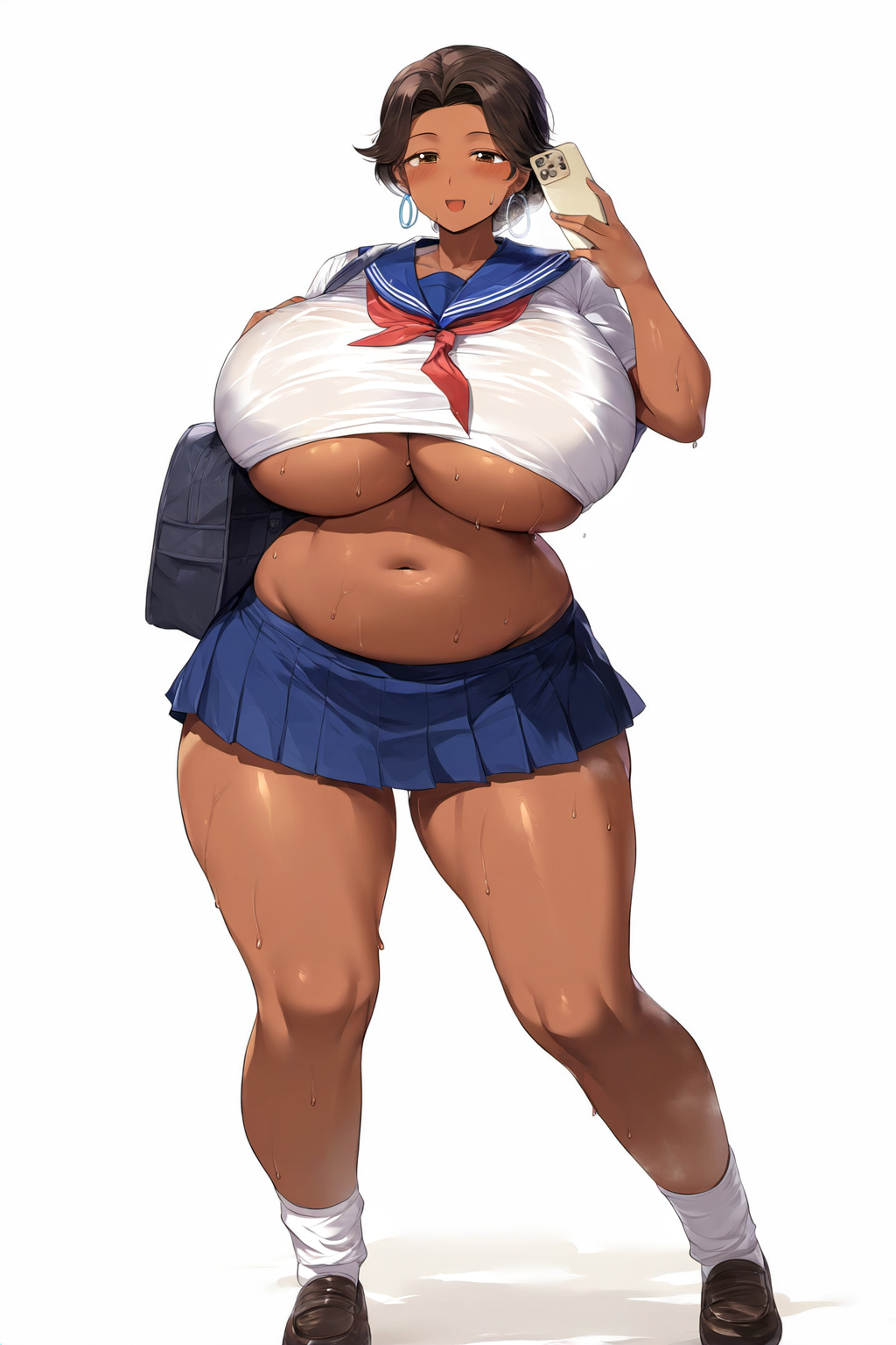 ai_generated belly belly_button big_breasts black_hair breasts breasts_bigger_than_head collarbone dark-skinned_female dark_skin female gigantic_breasts huge_breasts human major_chichisky massive_breasts original revealing_clothes school_uniform schoolgirl schoolgirl_uniform serafuku solo sweat sweaty swimwear thick_thighs underboob