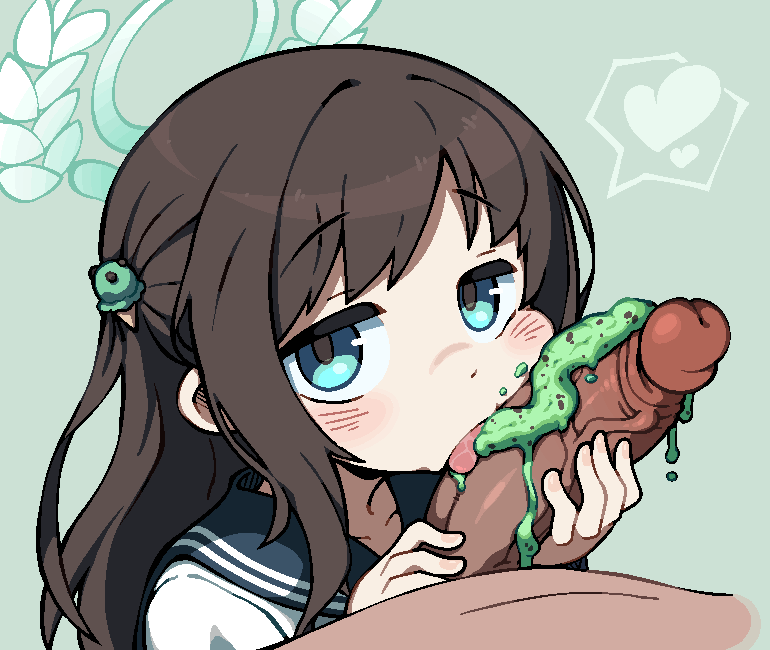 1boy airi_(blue_archive) average-hanzo blue_archive blush brown_hair commentary english_commentary erection fellatio female food food_on_body food_on_penis green_background green_halo hair_ornament halo heart ice_cream licking licking_penis long_hair looking_at_viewer oral penis penis_grab pov simple_background solo_focus spoken_heart straight tongue tongue_out uncensored