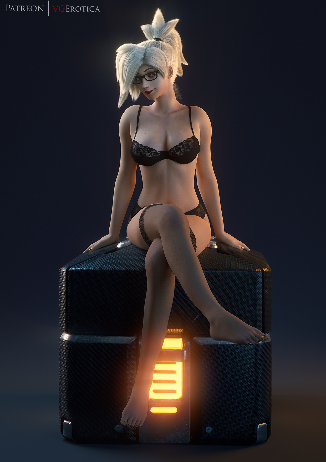 1girls, 3d, autodesk maya, black lingerie, blizzard entertainment, blonde hair, blue eyes, bra, cleavage, feet, female, female only, garter belt, glasses, lingerie, looking at viewer, lootbox, mercy, overwatch, pinup, sitting, solo, thighhighs, toes, vgerotica