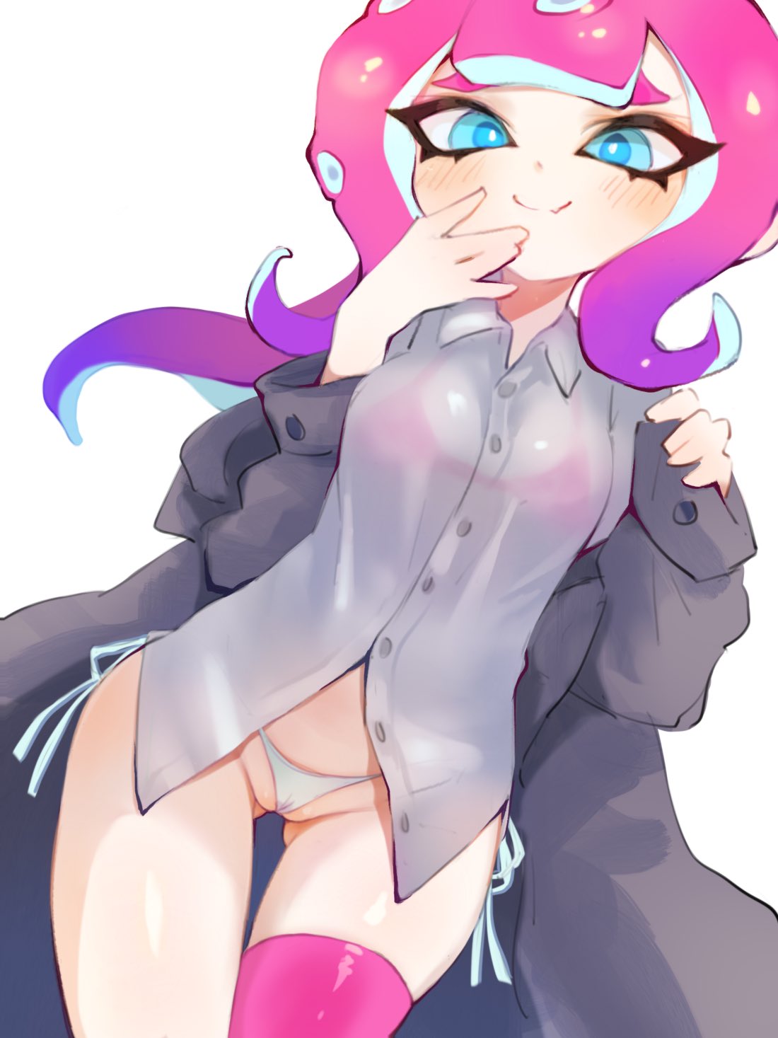 1girls, between labia, blue eyes, bra, cameltoe, female, female only, innie pussy, jtveemo, light skin, nintendo, octoling, one stocking, panties, pink hair, ponytail, pussy, see-through, splatoon, splatoon (series), splatoon 2