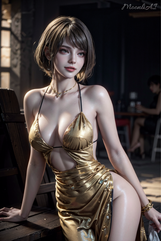 ai_generated ashley_graham ashley_graham_(ella_freya) blonde_hair dress gold_dress moonliai resident_evil resident_evil_4 resident_evil_4_remake semi-realism semi-realistic