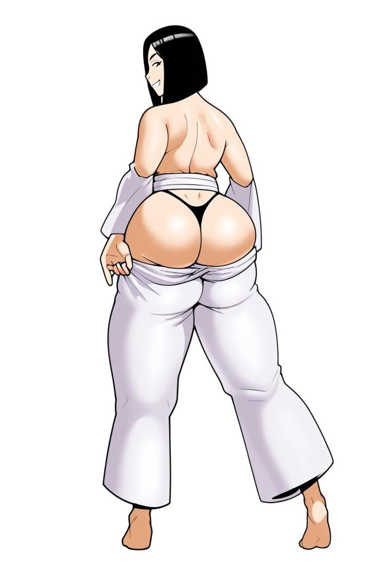 1girls ai_generated ass_cleavage ass_peek bob_cut bubble_butt bunanza_ curvy full_body karate_outfit lean_body looking_back pants_down perfect_body solo_focus tagme