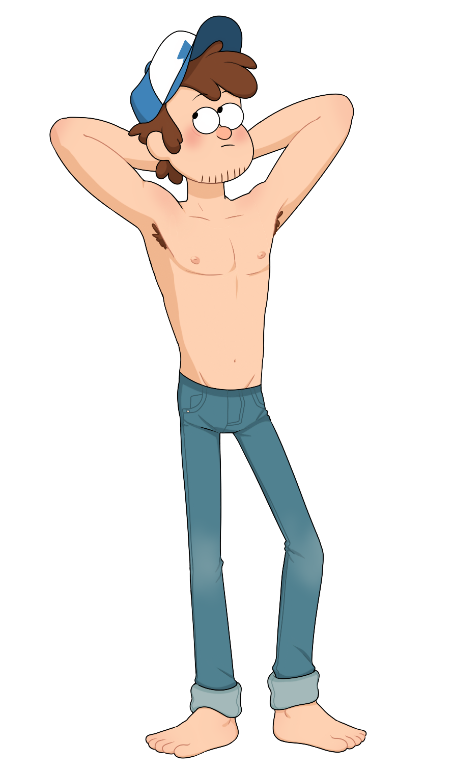 1boy 1male accurate_art_style aged_up arms_behind_head arms_up barefoot black_eyes blush brown_hair cartoony colored curly_hair digital_drawing_(artwork) digital_media_(artwork) dipper_pines feet flexing_arms gravity_falls hairy_armpits hat hotfiresu human jeans looking_away male male_nipples male_only manly muscular_male nipples no_shoes not_ai_generated safe safe_for_work shaded short_hair shy stubble thin_waist toony topless topless_male wearing_hat white_background