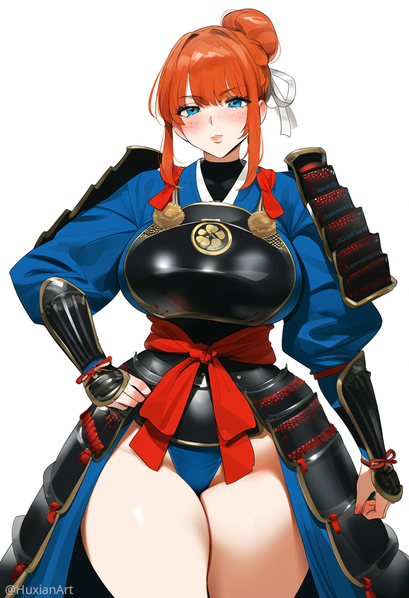 1girls ai_generated armor bangs blue_eyes blunt_bangs blush bow cowboy_shot eyelashes female freckles hair_bun huge_breasts japanese_clothes lips nose panties pauldrons red_hair ribbon sidelocks sliding_doors solo upper_body viriai white_background