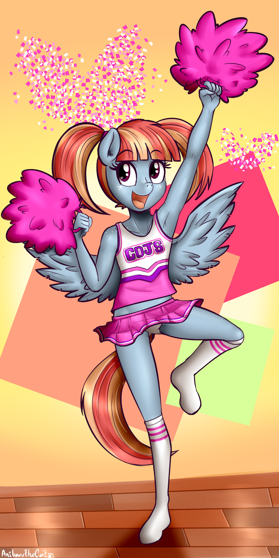 1girls anibaruthecat armpits cheerleader cheerleader_uniform clothed cub cutie_mark female female_only freckles friendship_is_magic furry furry_only grey_fur grey_skin humanized my_little_pony orange_hair orange_tail panties pantsu pegasus pink_skirt pony red_eyes skirt smile socks solo tail twintails white_panties windy_whistles_(mlp) wings young