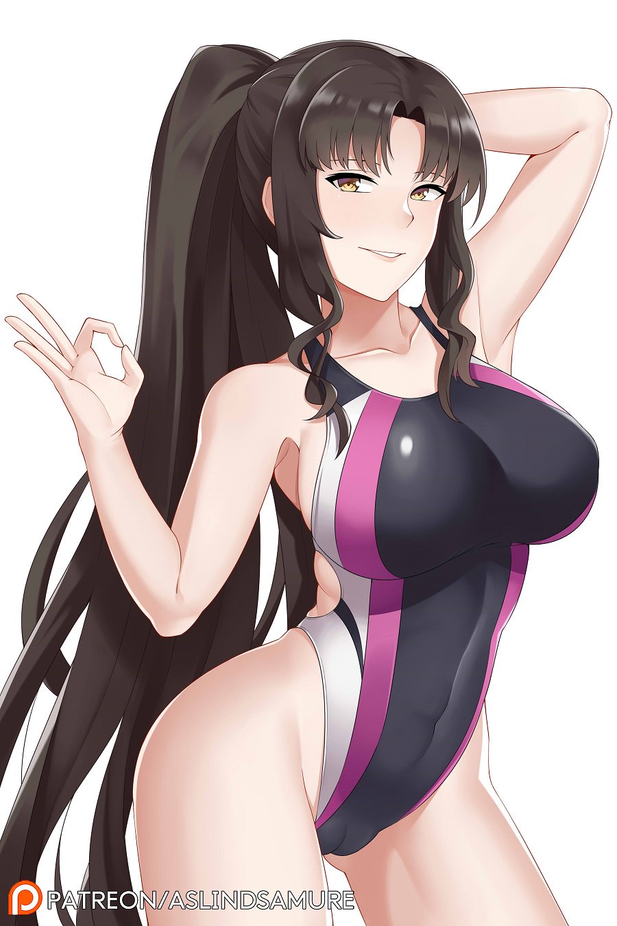1girls, aslindsamure, bangs, blush, breasts, cameltoe, collarbone, competition swimsuit, contrapposto, covered navel, cowboy shot, fate (series), fate/grand order, female, highres, large breasts, long hair, looking at viewer, ok sign, one-piece swimsuit, parted bangs, parted lips, ponytail, pussy, sesshouin kiara, smile, solo, swimsuit, very long hair, wavy hair, yellow eyes