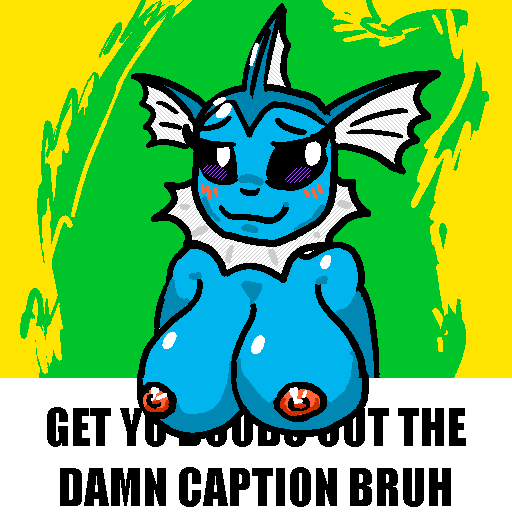 1:1 anthro areola big_breasts blue_body blue_skin blush breasts digital_drawing_(artwork) digital_media_(artwork) eeveelution female frill_(anatomy) generation_1_pokemon get_them_bigass_ears_out_of_the_caption green_background looking_at_viewer membrane_(anatomy) membranous_frill meme neck_frill nintendo nipples nude pink_areola pink_nipples pokemon pokemon_(species) simple_background smile solo vaporeon yellow_background yogurtbeans