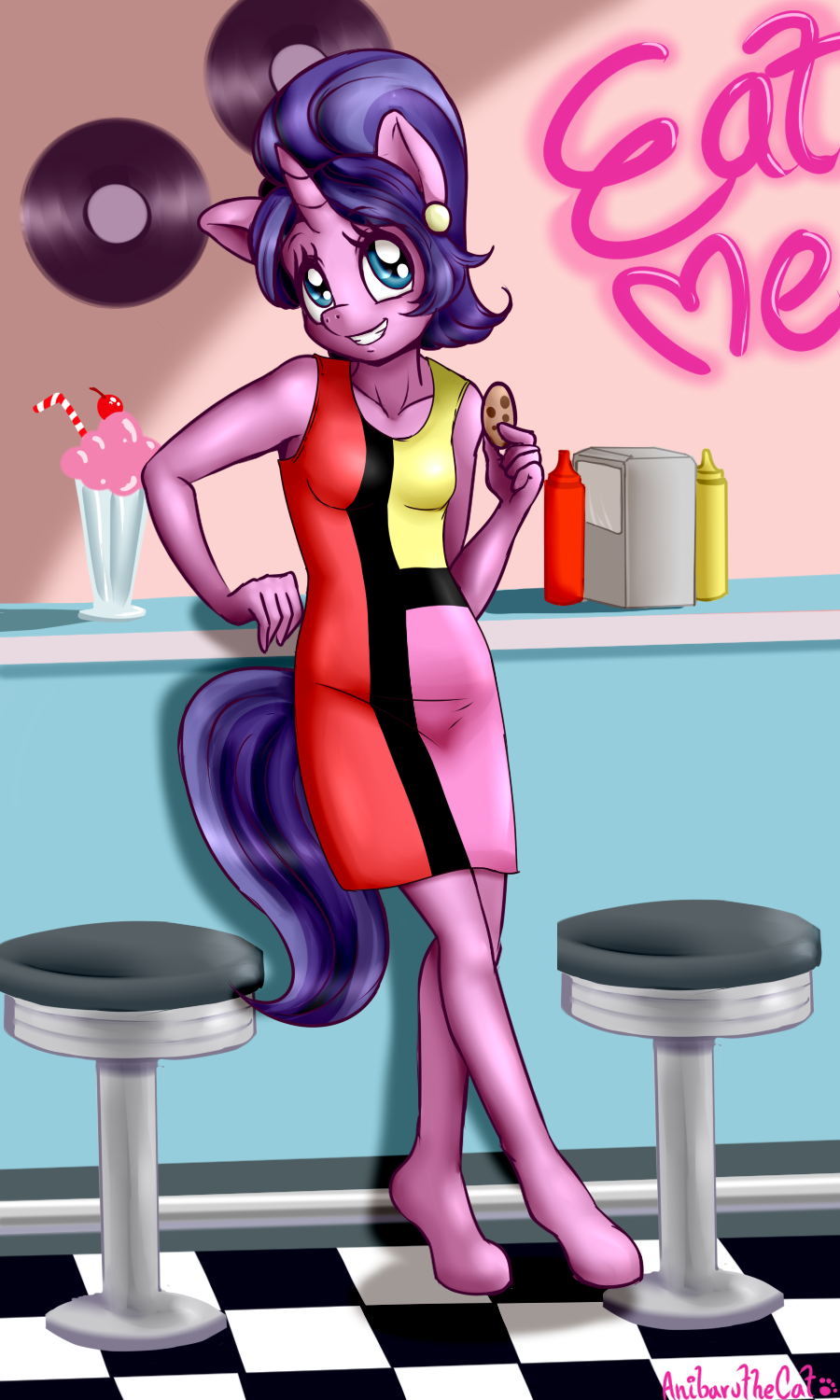 1girls anibaruthecat black_tail blue_eyes clothed cookie cookie_crumbles_(mlp) dinner dress eye_contact female female_only friendship_is_magic furry furry_only horn humanized looking_at_viewer looking_away multicolored_tail my_little_pony pink_fur pink_skin pony ponytail purple_hair purple_tail smile solo tail teeth text watermark