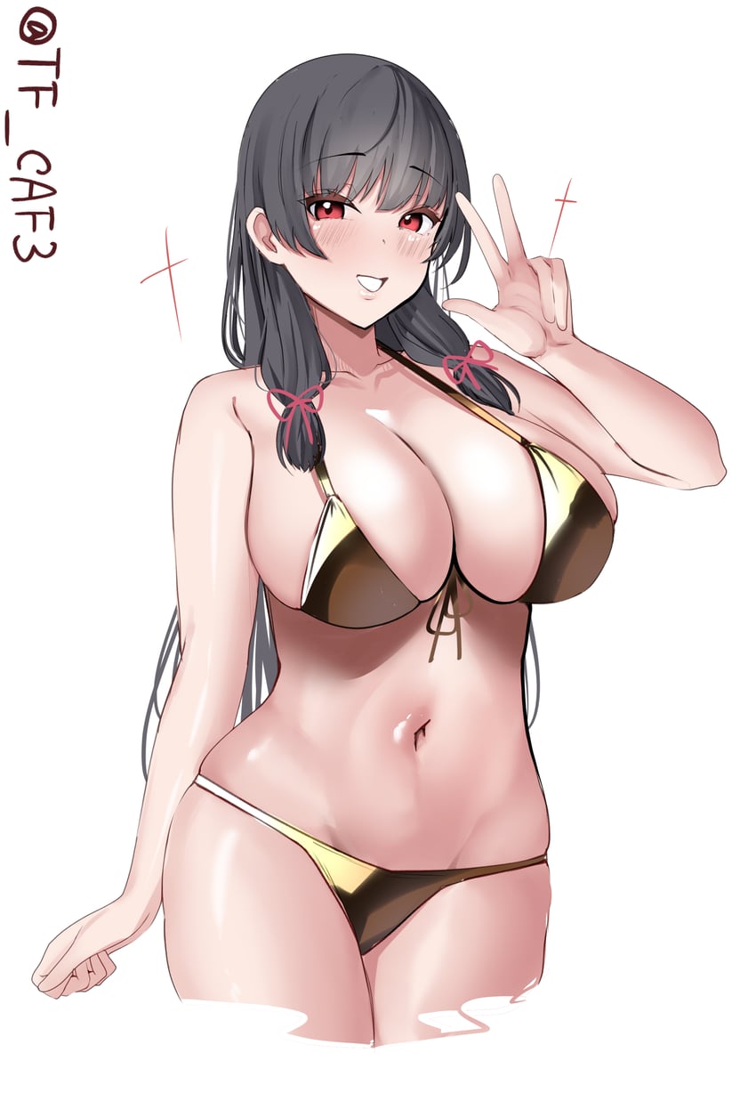 1girls absurdres alternate_costume bikini black_hair blush breasts commentary_request cowboy_shot gold_bikini hair_ribbon highres isokaze_(kantai_collection) kantai_collection large_breasts long_hair looking_at_viewer navel red_eyes ribbon shiny_swimsuit simple_background smile swimsuit tf_cafe twitter_username v white_background