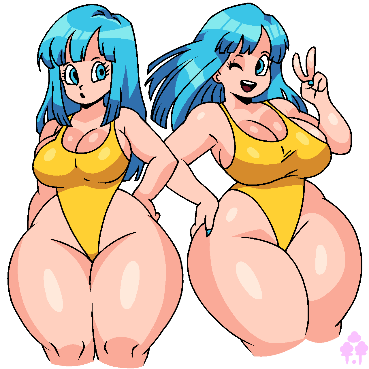 1girls big_breasts big_breasts big_butt blue_eyes blue_hair cyan_eyes cyan_hair dragon_ball dragon_ball_super dragon_ball_z female happy_female maron peace_sign slutty_clothing slutty_outfit thick_ass thick_hips thick_legs thick_thighs tripleclouder watermark wide_hips wide_thighs winking yellow_bikini yellow_swimsuit yellow_swimwear