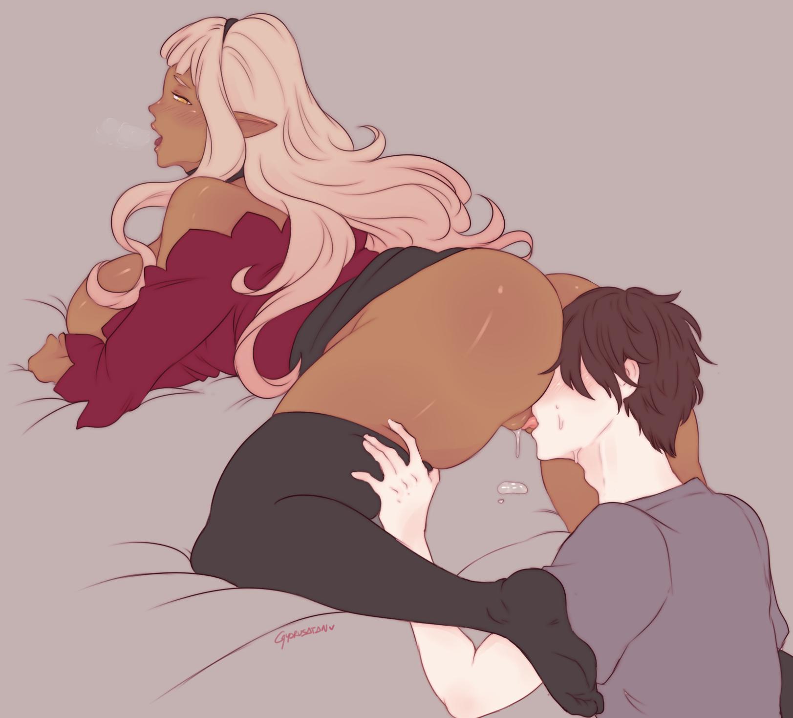 1boy, 1girls, all fours, ass, bed sheet, bent over, big ass, black legwear, blonde hair, blush, bottomless, breasts, breasts out, choker, cleavage, cunnilingus, dark skin, dark-skinned female, faceless male, female, gyarusatan, hairband, half-closed eyes, hand on leg, heavy breathing, huge breasts, kneeling, large breasts, light skin, light-skinned male, long hair, looking back, looking pleasured, male, no panties, open clothes, open mouth, open shirt, oral, oral sex, pale skin, pleasure face, pointy ears, pussy, pussy juice, pussy juice drip, pussy juice puddle, rear view, skindentation, skirt, skirt lift, skirt up, steam, steamy breath, straight, sweat, sweatdrop, thick, thick thighs, thigh grab, thighhighs, tongue, tongue out, visible breath, wet pussy, white skin, yellow eyes
